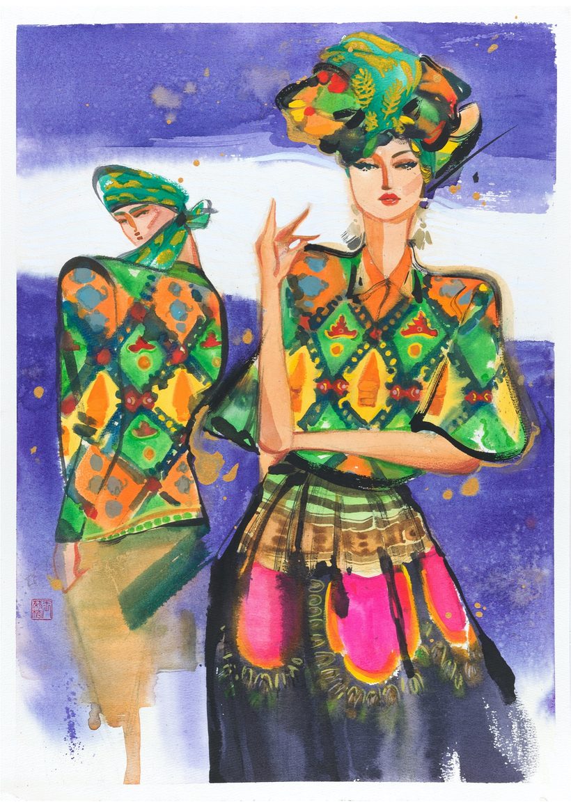 Brickfields, a watercolour fashion illustration by Lihuà from the Busana Malaysia series.