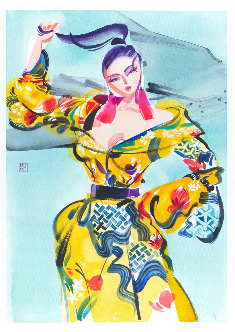 Contemporary Malaysiana, a watercolour fashion illustration from Lihuà's Busana Malaysia series.