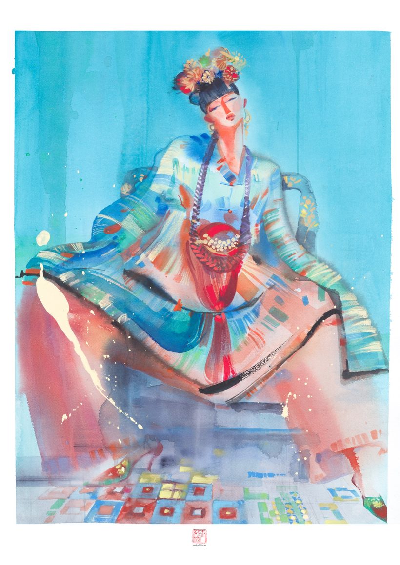 Edgy Nyonya — Blue, a watercolour illustration by Lihuà.