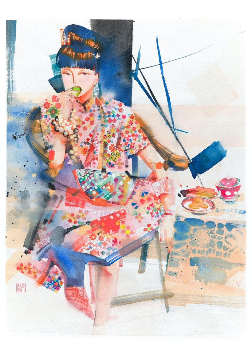 Edgy Nyonya — Colourful, a watercolour fashion illustration from Lihuà's Busana Malaysia series.