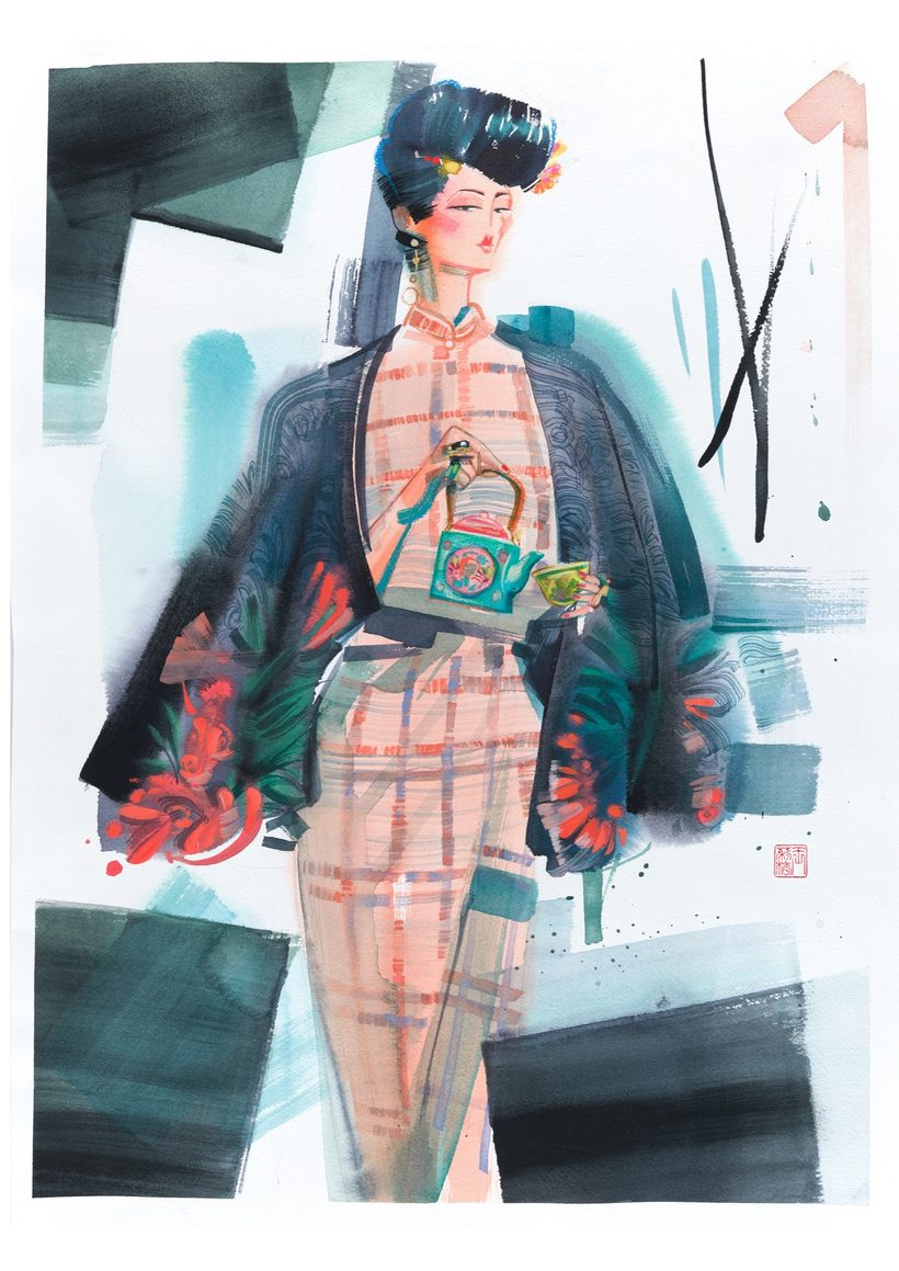 Edgy Nyonya — teapot, a watercolour fashion illustration from Lihuà's Busana Malaysia series.