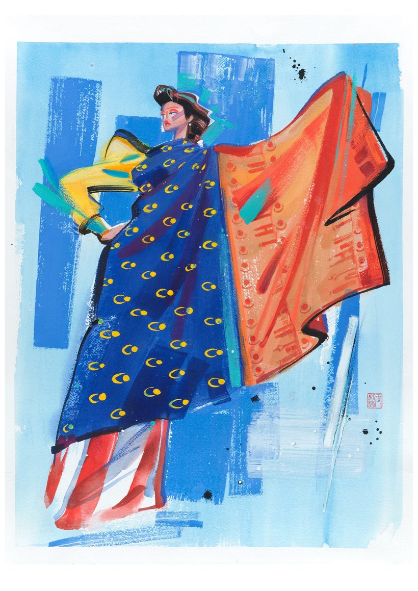 Independence Square by Lihuà — a woman in a wind-blown blue and orange batik-patterned costume, from the Busana Malaysia series.