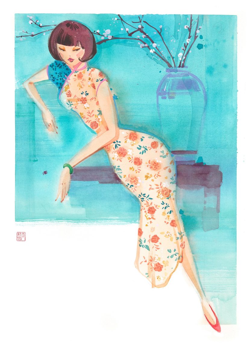 Ling Ling — 1, a watercolour fashion illustration from Lihuà's Busana Malaysia series.