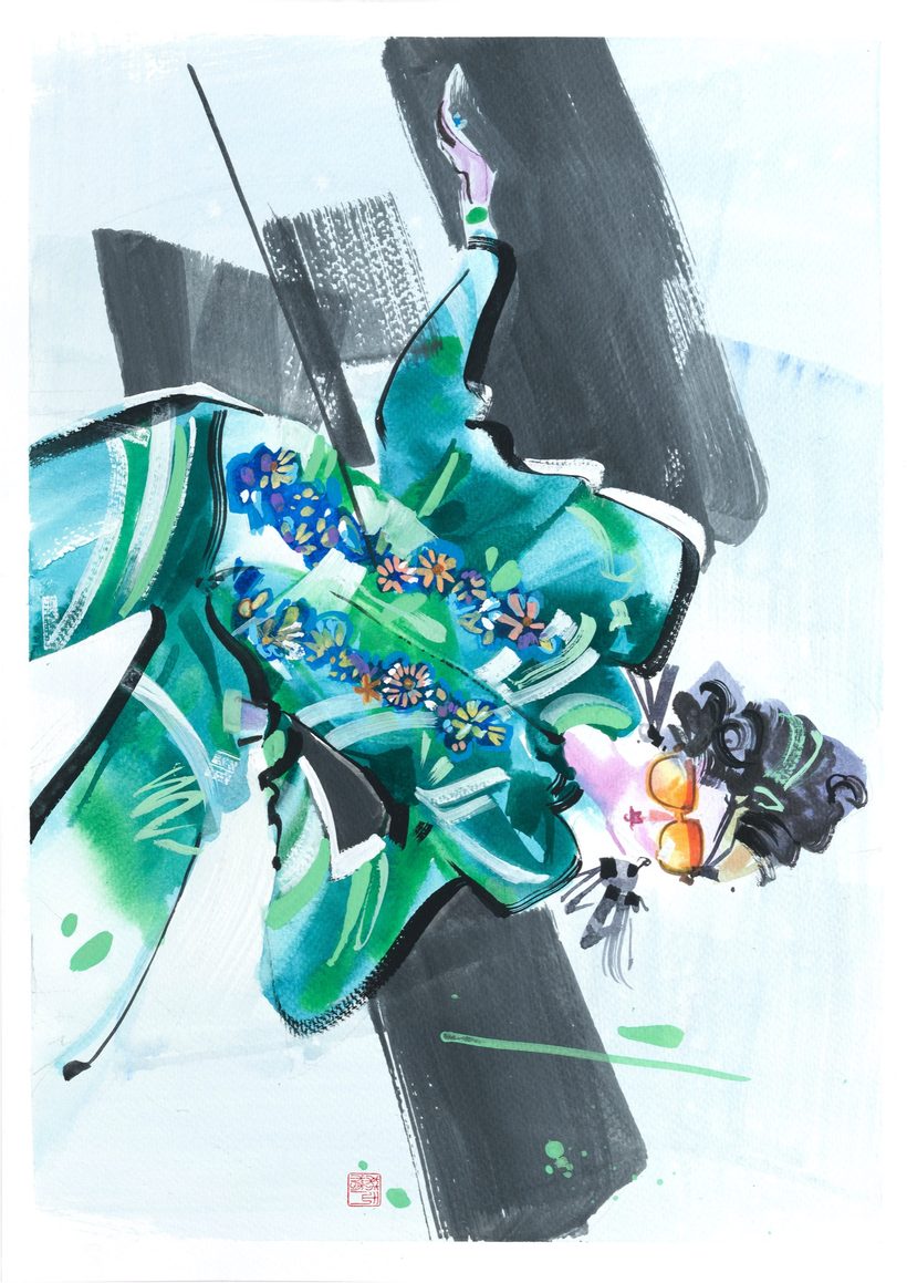 Modern Cekak Musang, a watercolour fashion illustration from Lihuà's Busana Malaysia series.