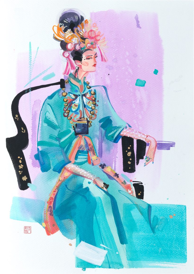 Opera Nyonya — Mole, a watercolour fashion illustration from Lihuà's Busana Malaysia series.