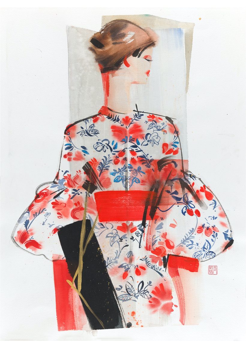 Poofy Raya, a watercolour fashion illustration from Lihuà's Busana Malaysia series.