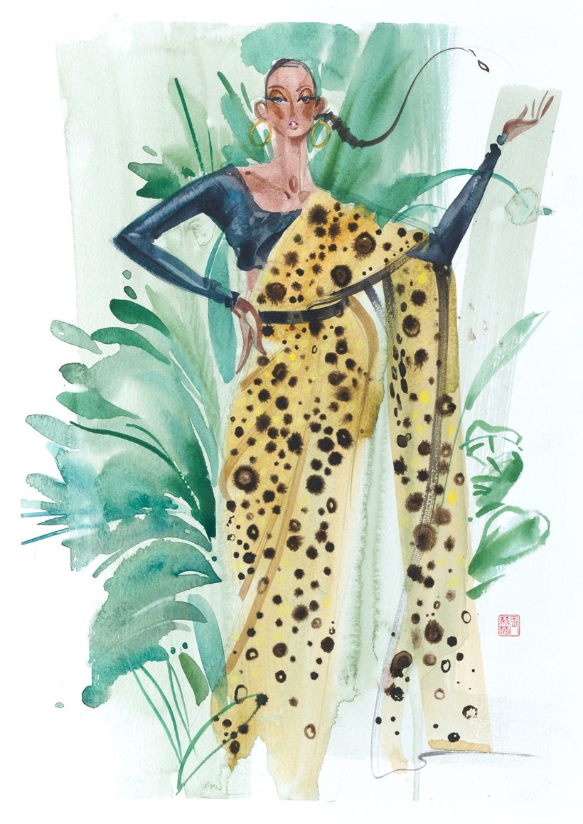 Saree Safaree, a watercolour fashion illustration by Lihuà from the Busana Malaysia series.