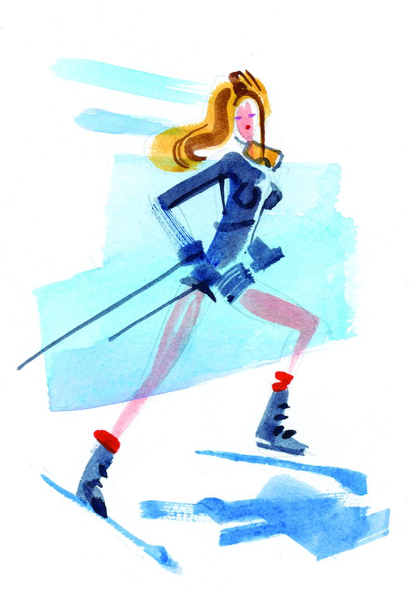 Legs day in Aspen, a watercolour illustration by Lihuà from the Daydreams collection.