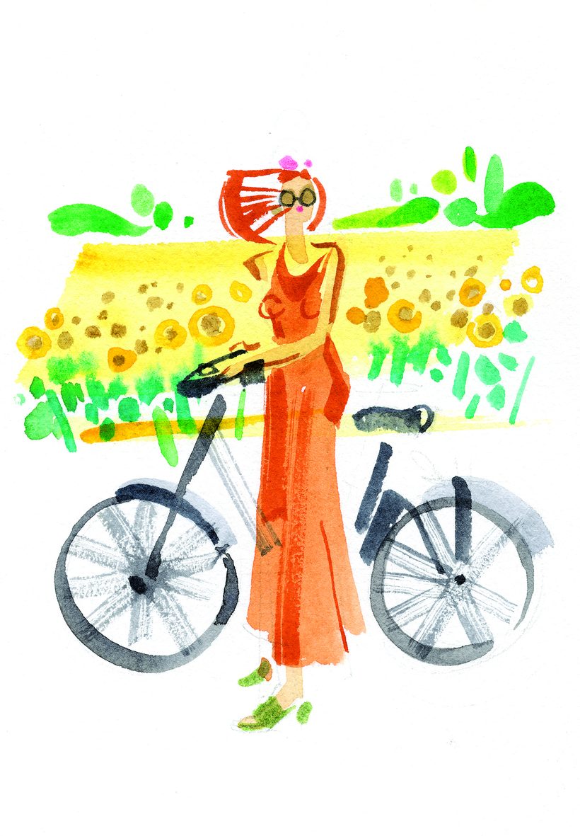 Wheels and Daffodils, a watercolour illustration by Lihuà from the Daydreams collection.
