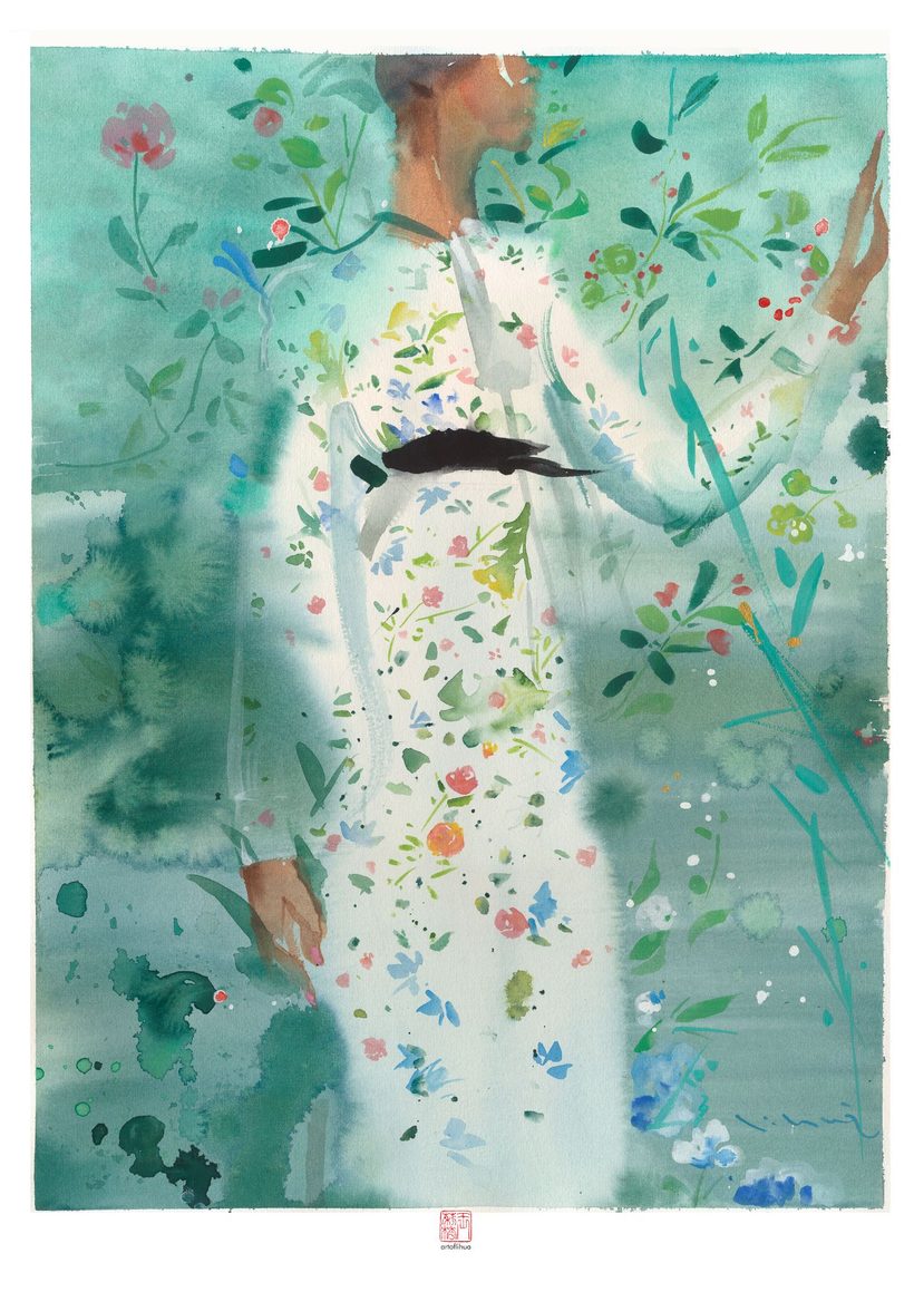 A Date with Spring, a watercolour fashion illustration from Lihuà's Strokes of Fashion series.