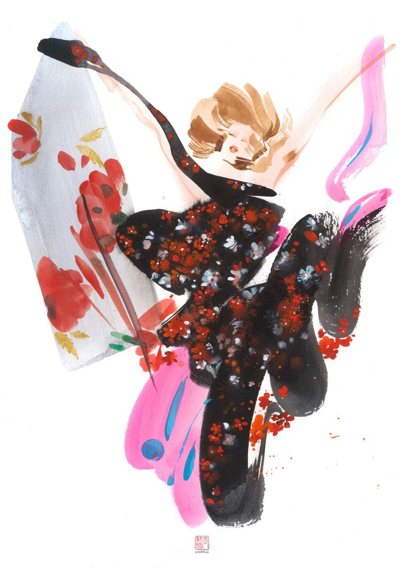Dancing Silhouette — 1, a watercolour fashion illustration from Lihuà's Strokes of Fashion series.