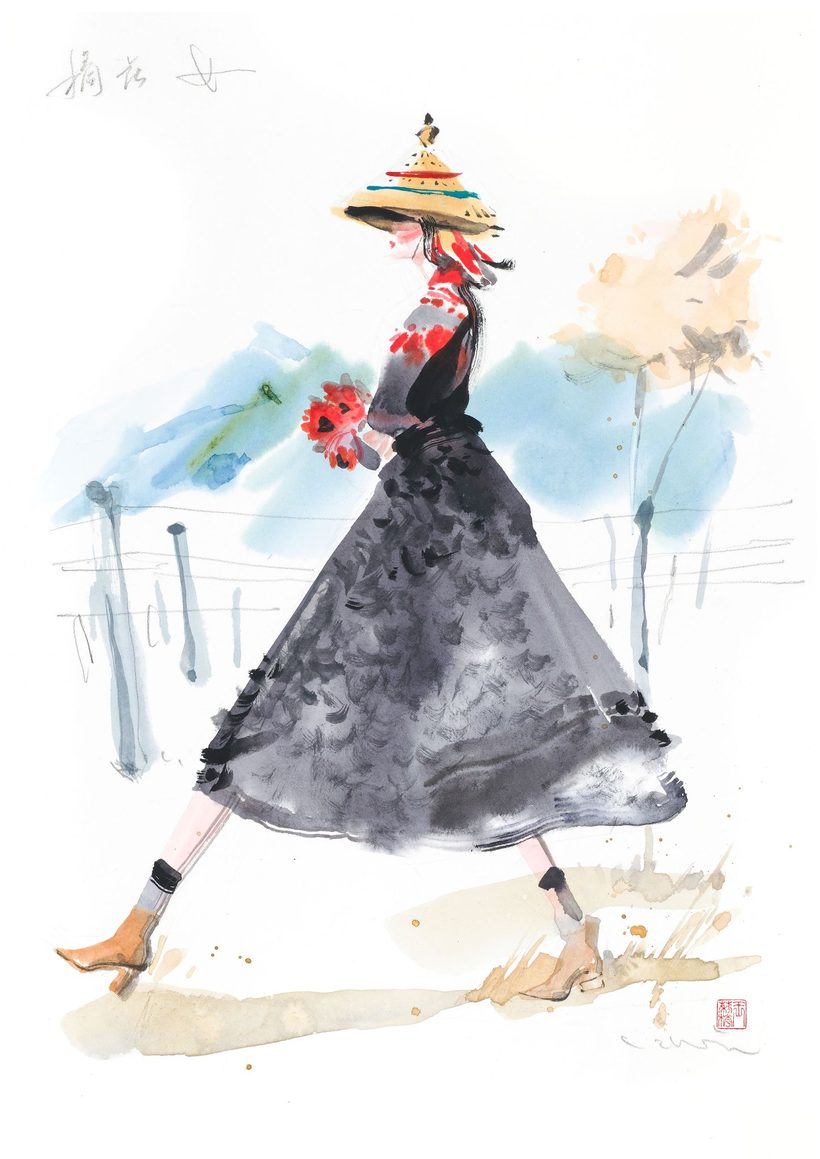 Flower Picking Girl, a watercolour fashion illustration from Lihuà's Strokes of Fashion series.