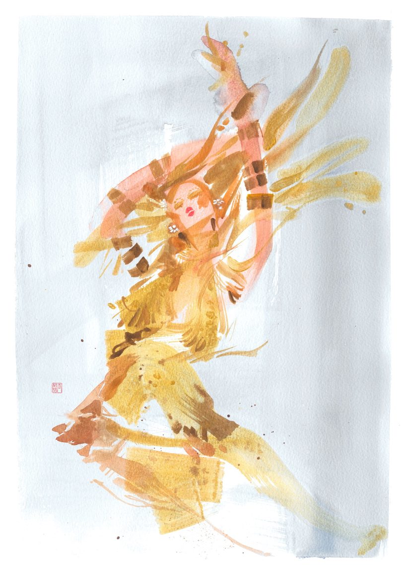 Golden, a watercolour illustration by Lihuà from the Strokes of Fashion collection.