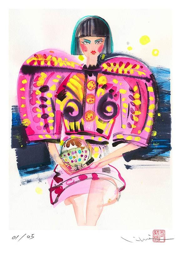 Moschino — Pink, a watercolour fashion illustration from Lihuà's Strokes of Fashion series.