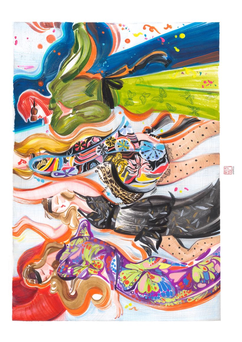 Party Animals, a watercolour fashion illustration from Lihuà's Strokes of Fashion series.